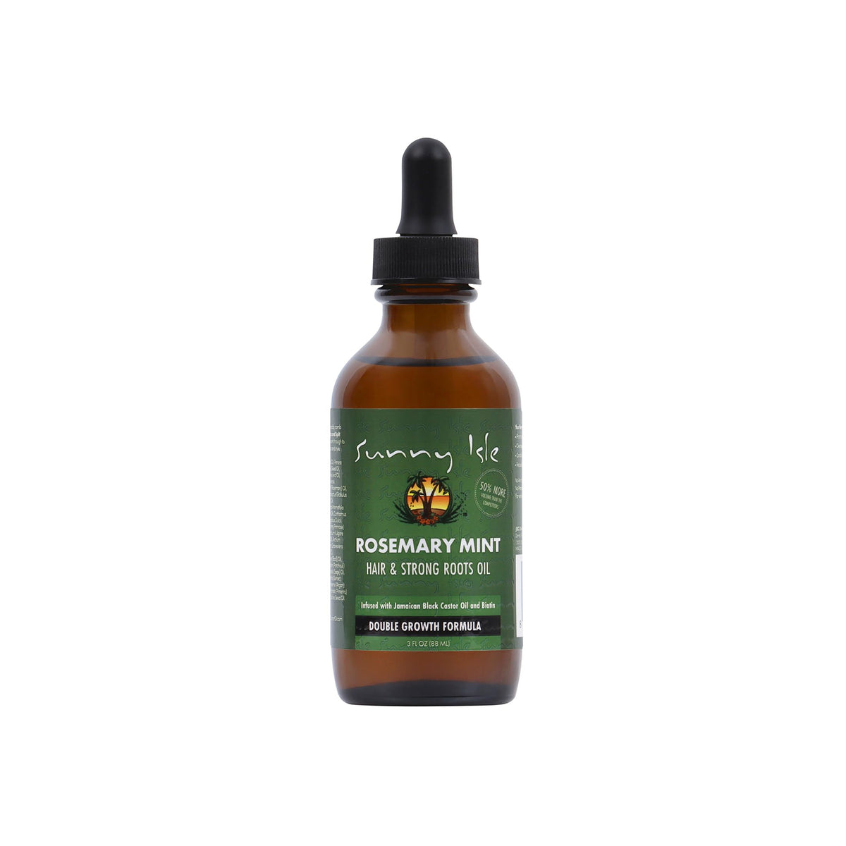 Sunny Isle Rosemary Mint Hair & Strong Roots Oil (88 ml). Dropper bottle, containing Jamaican black castor oil and marketed as a dual growth formula.
