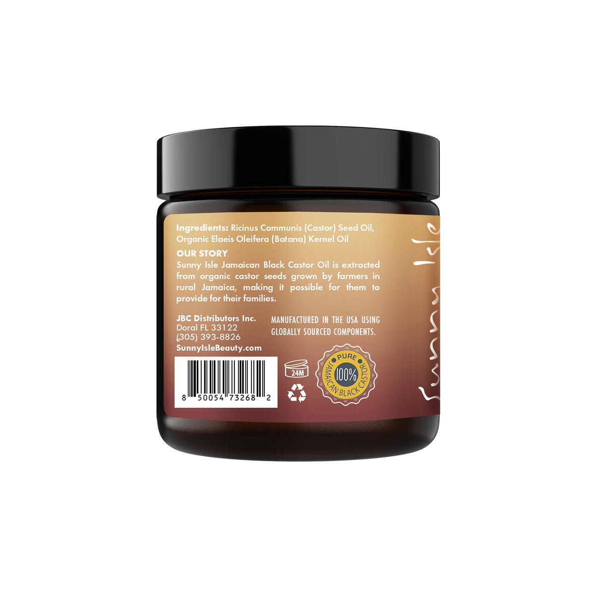 Brown jar of Sunny Isle Pure Batana Butter Anti-Thinning 118ml with black lid and ingredient list printed on the back.