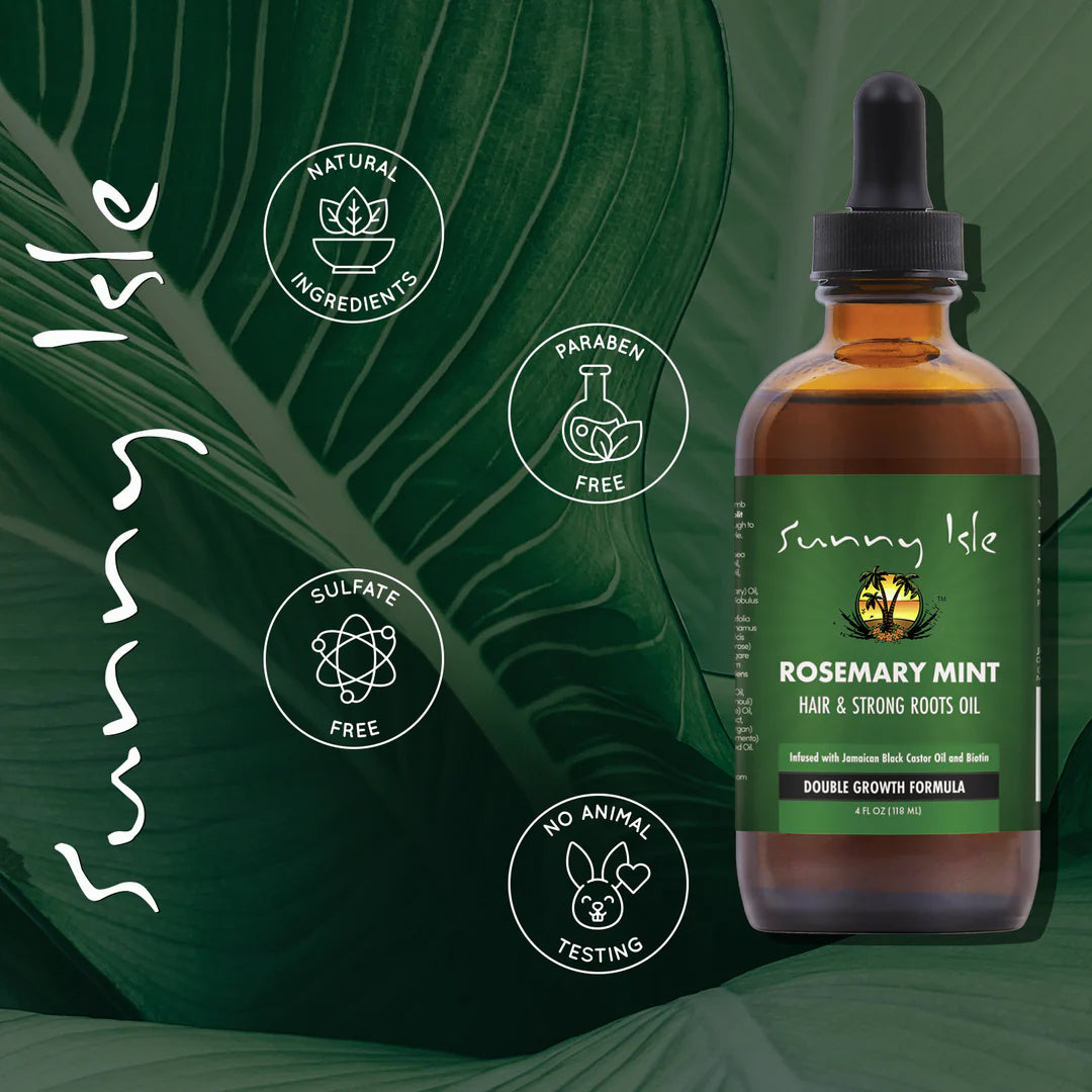 Sunny Isle Rosemary Mint Hair & Strong Roots Oil 188ml shown on green leaf background with icons for natural ingredients, paraben free, sulfate free and cruelty free.