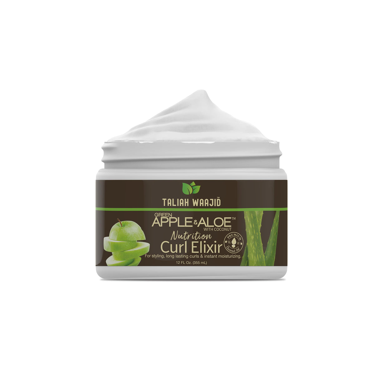 Taliah Waajid Apple Aloe Curl Elixir 355ml jar with white cream, green apple and aloe vera graphics, moisturizing styling for curls.