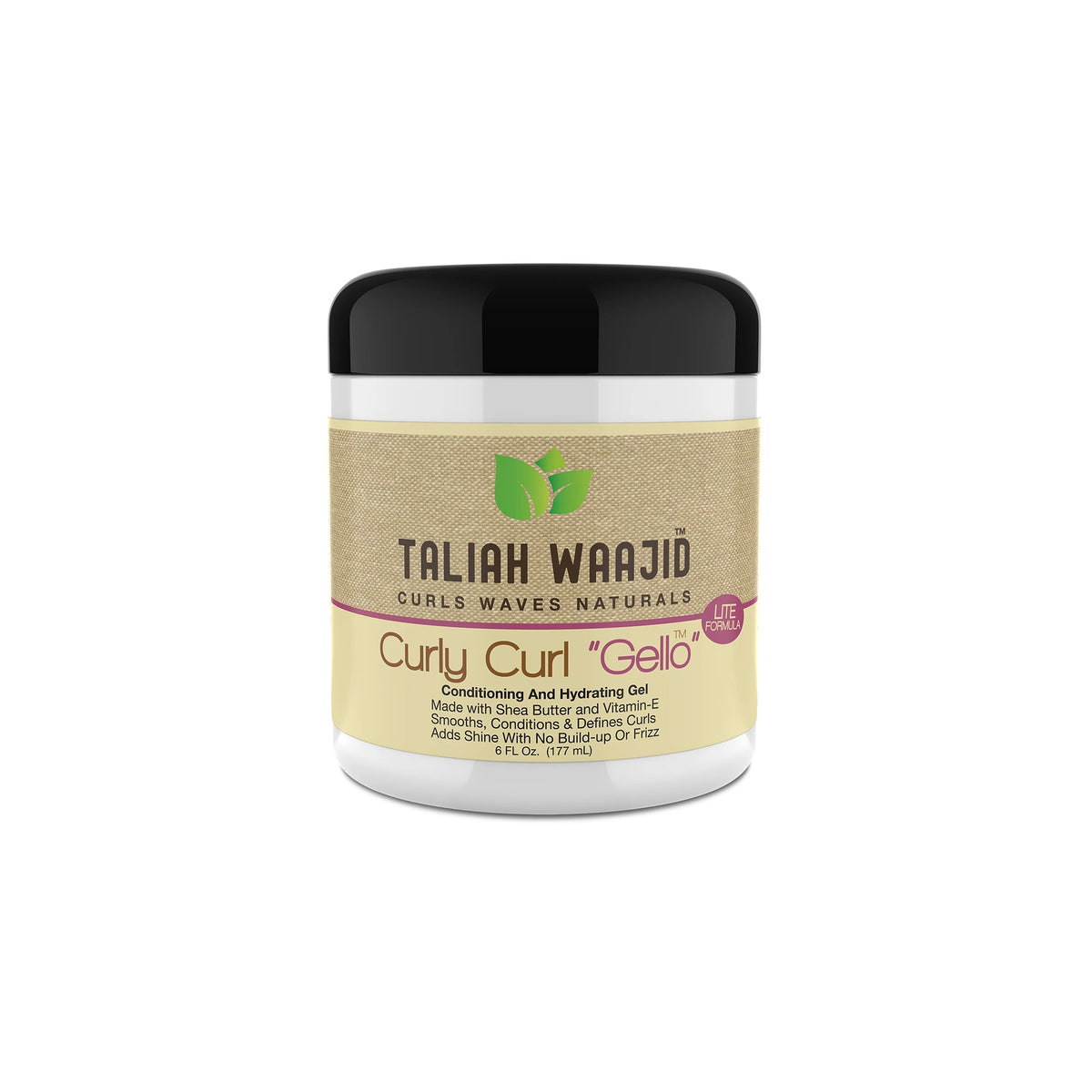 Taliah Waajid Curls Waves Naturals Curly Curl "Gello" in white container with beige and purple stripe, black lid and text with product description.
