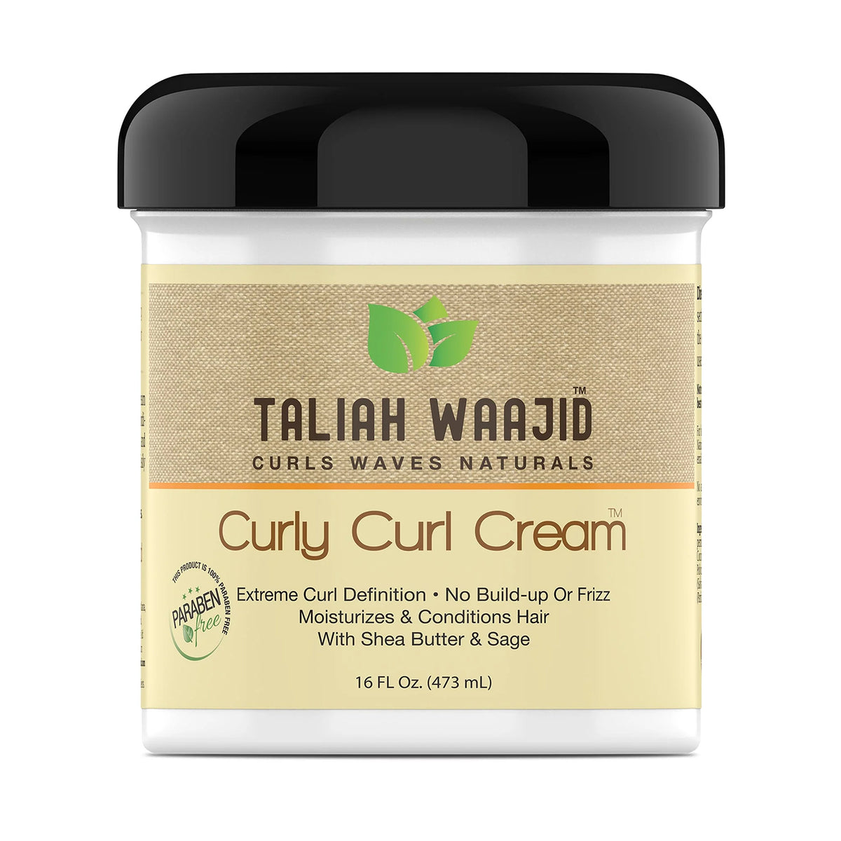 Taliah Waajid Curls Waves Naturals Curly Curl Cream in square container with black lid, beige label and text about curl definition and care.