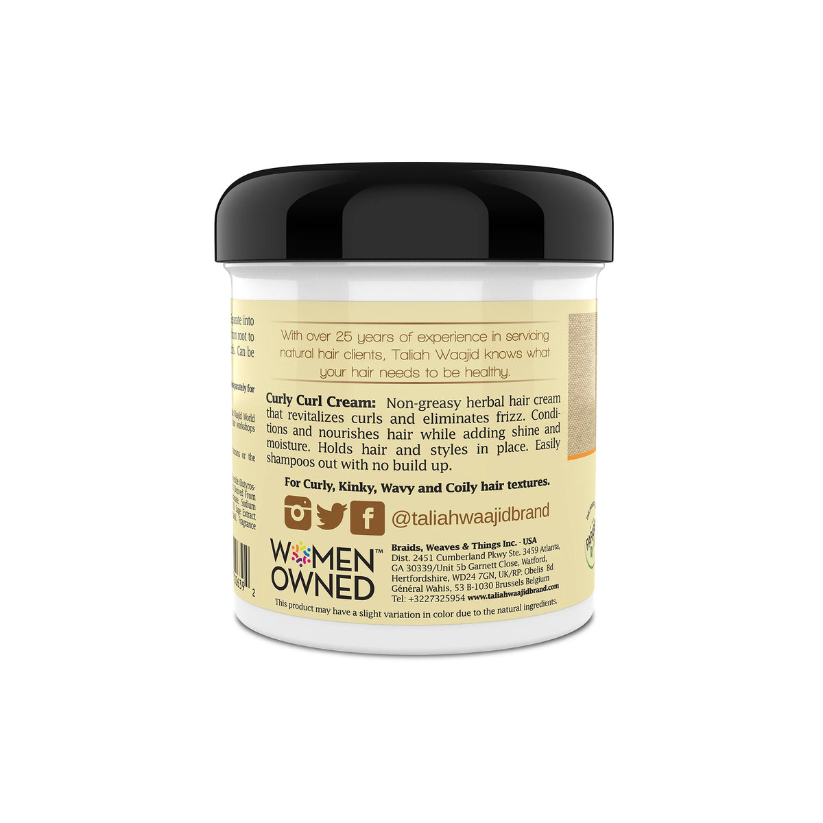 Back of Taliah Waajid Curls Waves Naturals Curly Curl Cream with product description, social media and “Women Owned” tag on beige label.