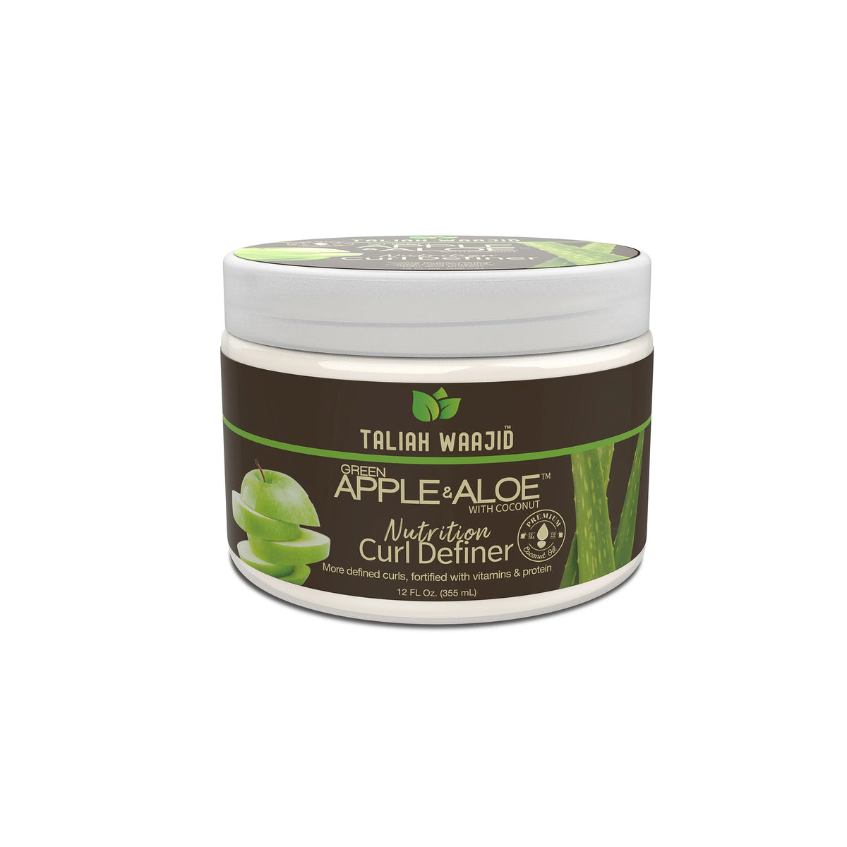 Taliah Waajid Green Apple & Aloe Nutrition Curl Definer in round jar with dark label, green apples and aloe vera for defined curls.