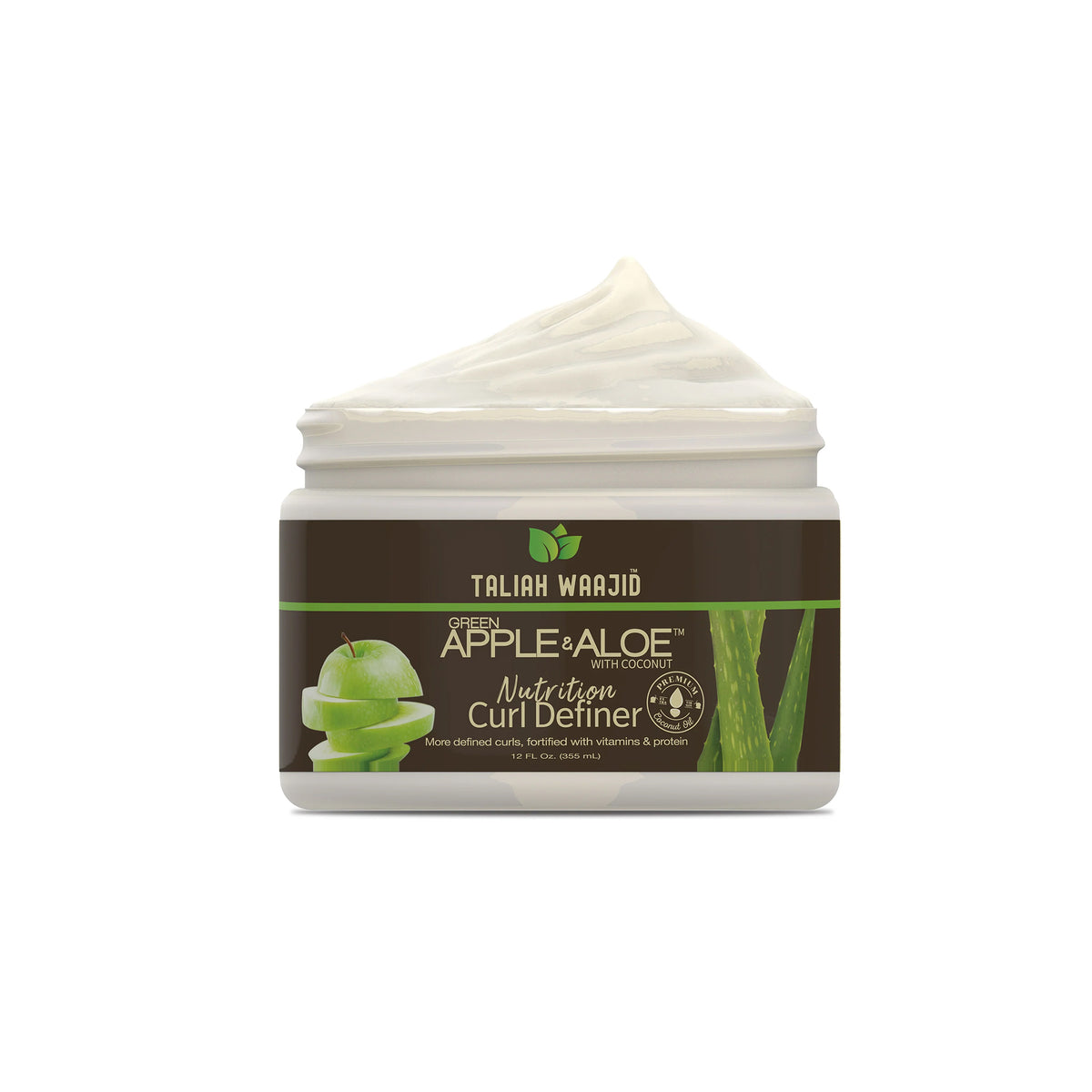 Open container of Taliah Waajid Green Apple & Aloe Nutrition Curl Definer, creamy white product visible above the rim, with apples and aloe vera on the label.