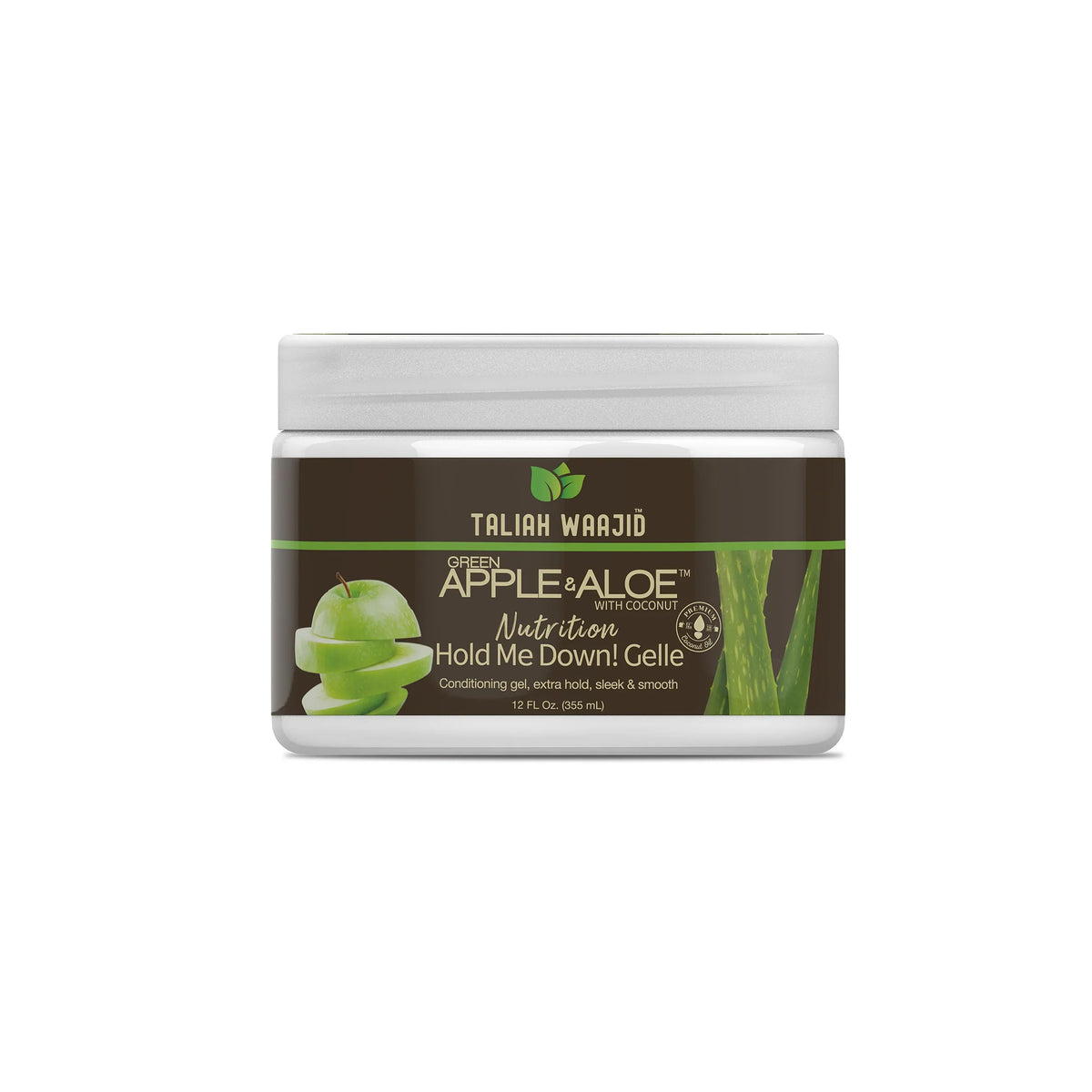 Taliah Waajid Green Apple & Aloe Nutrition Hold Me Down! Gel in round container with dark label, green apples and aloe vera.