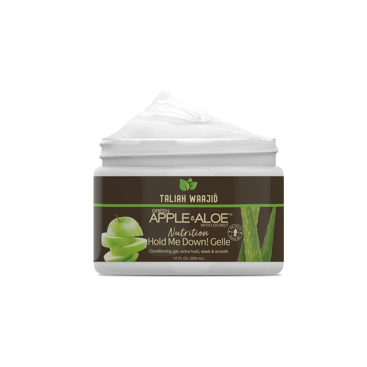 Open jar of Taliah Waajid Green Apple & Aloe Nutrition Hold Me Down! Gel, visible white gel with green apples and aloe vera on the label.
