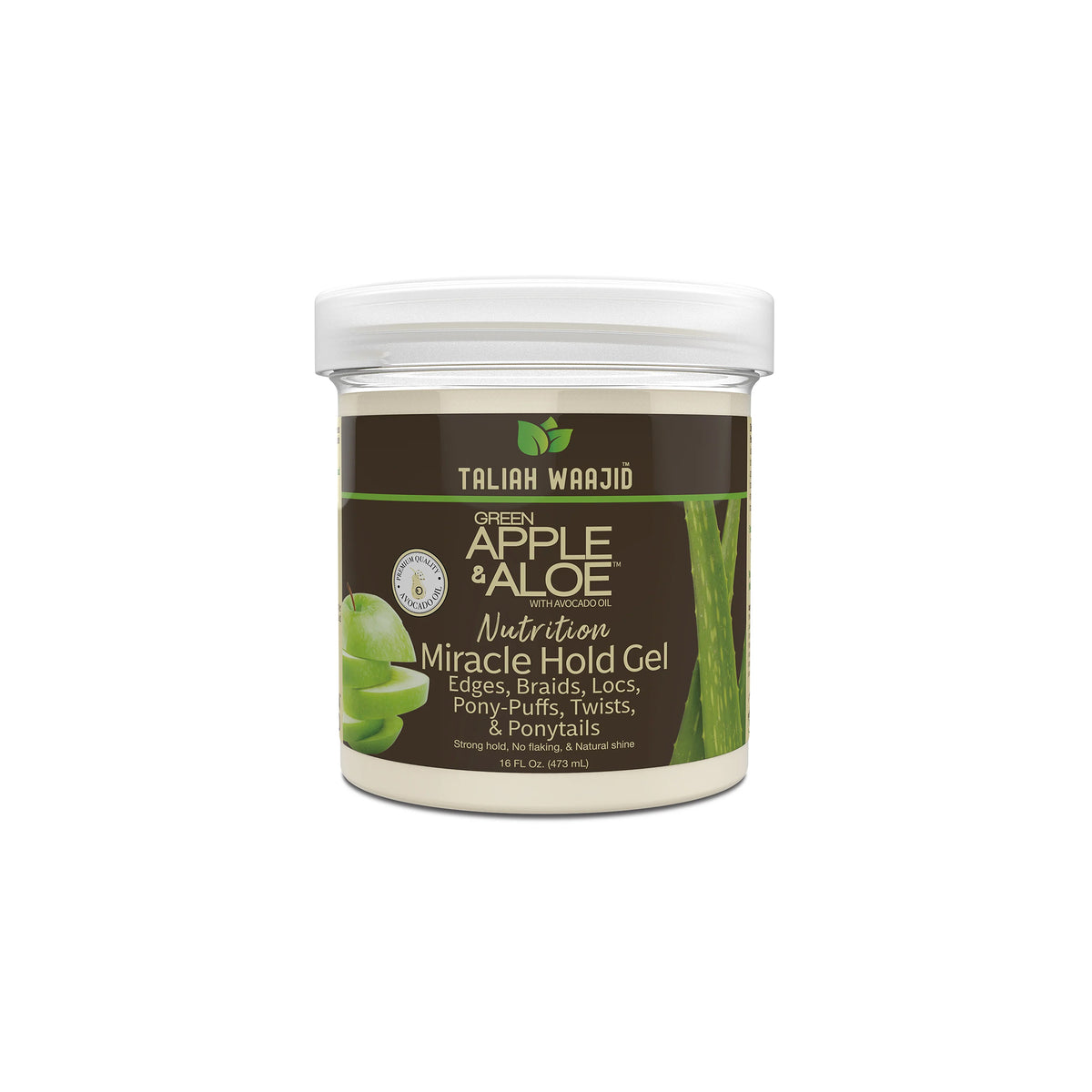 Taliah Waajid Green Apple & Aloe Nutrition Miracle Hold Gel in clear jar with green apples and aloe vera on dark label.
