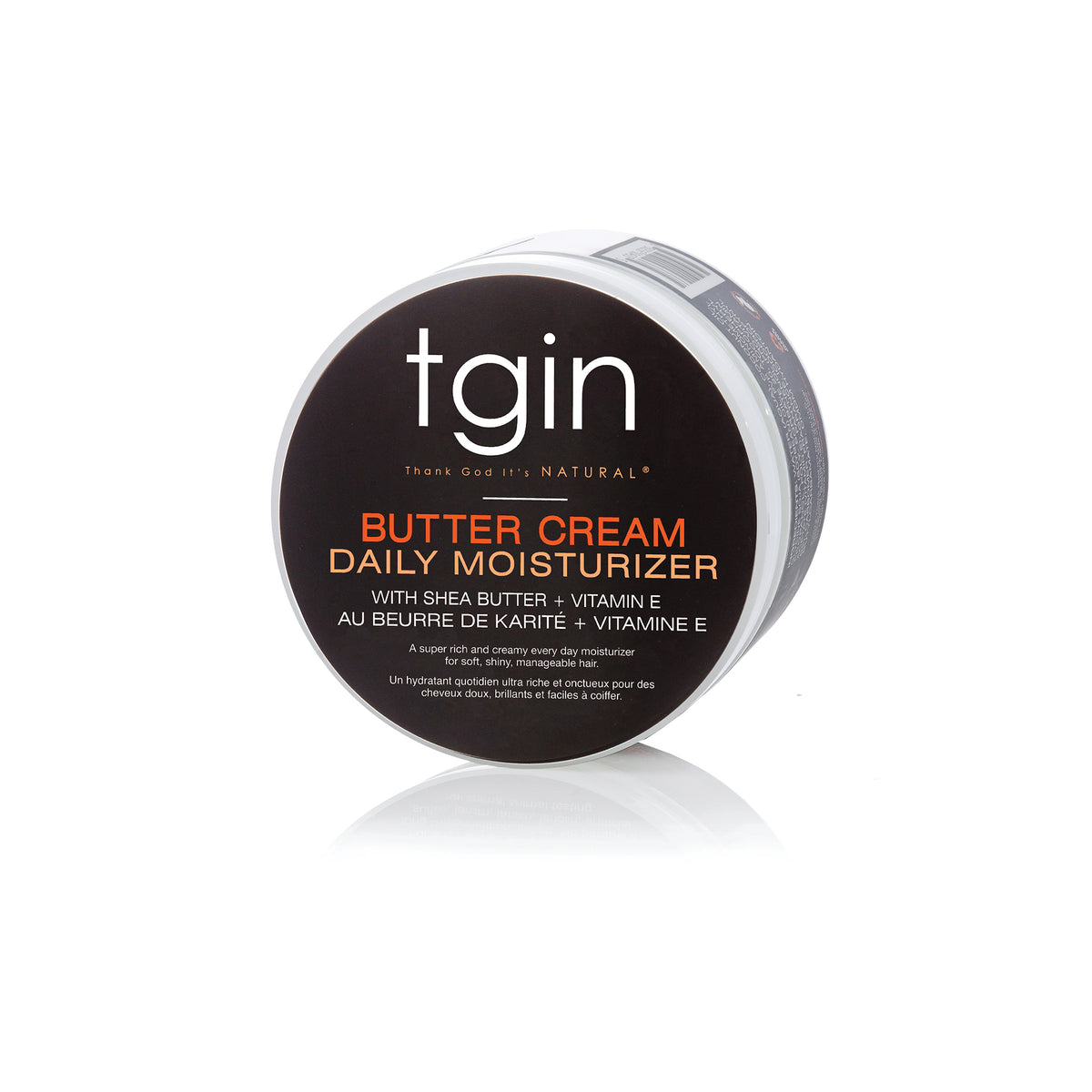 Black jar with TGIN Butter Cream Daily Moisturizer 340gr with shea butter and vitamin E for soft and shiny hair.