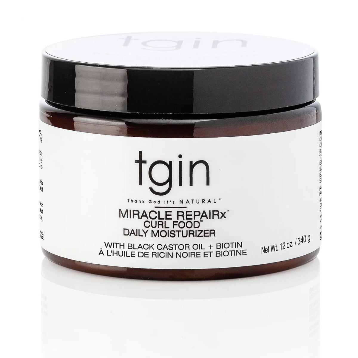 Brown jar with TGIN Miracle RepairX Curl Food 340gr on white background with black lid and clear product label.