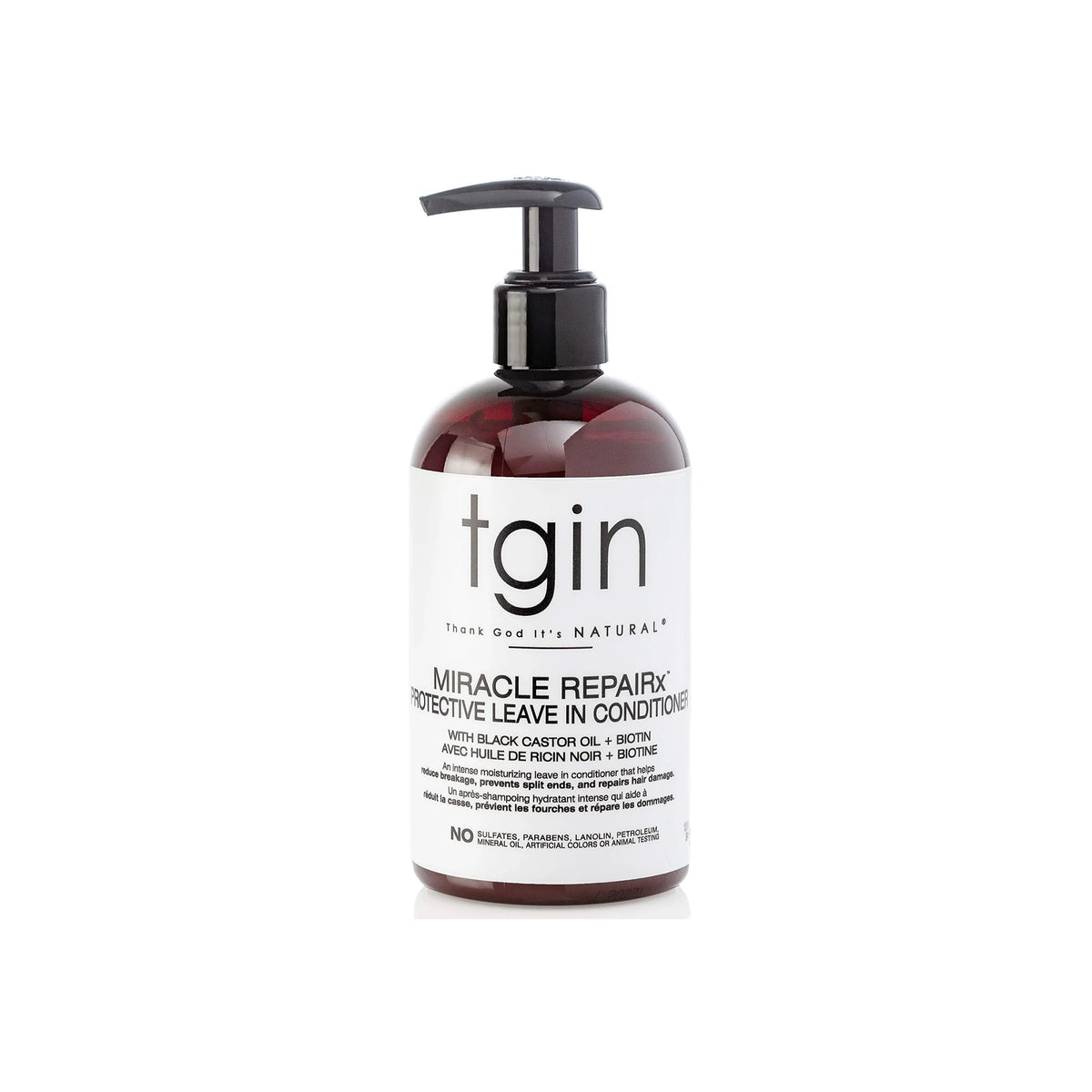 TGIN Miracle RepairX Protective Leave-in Conditioner 384ml in brown pump bottle with white label and black text on white background.