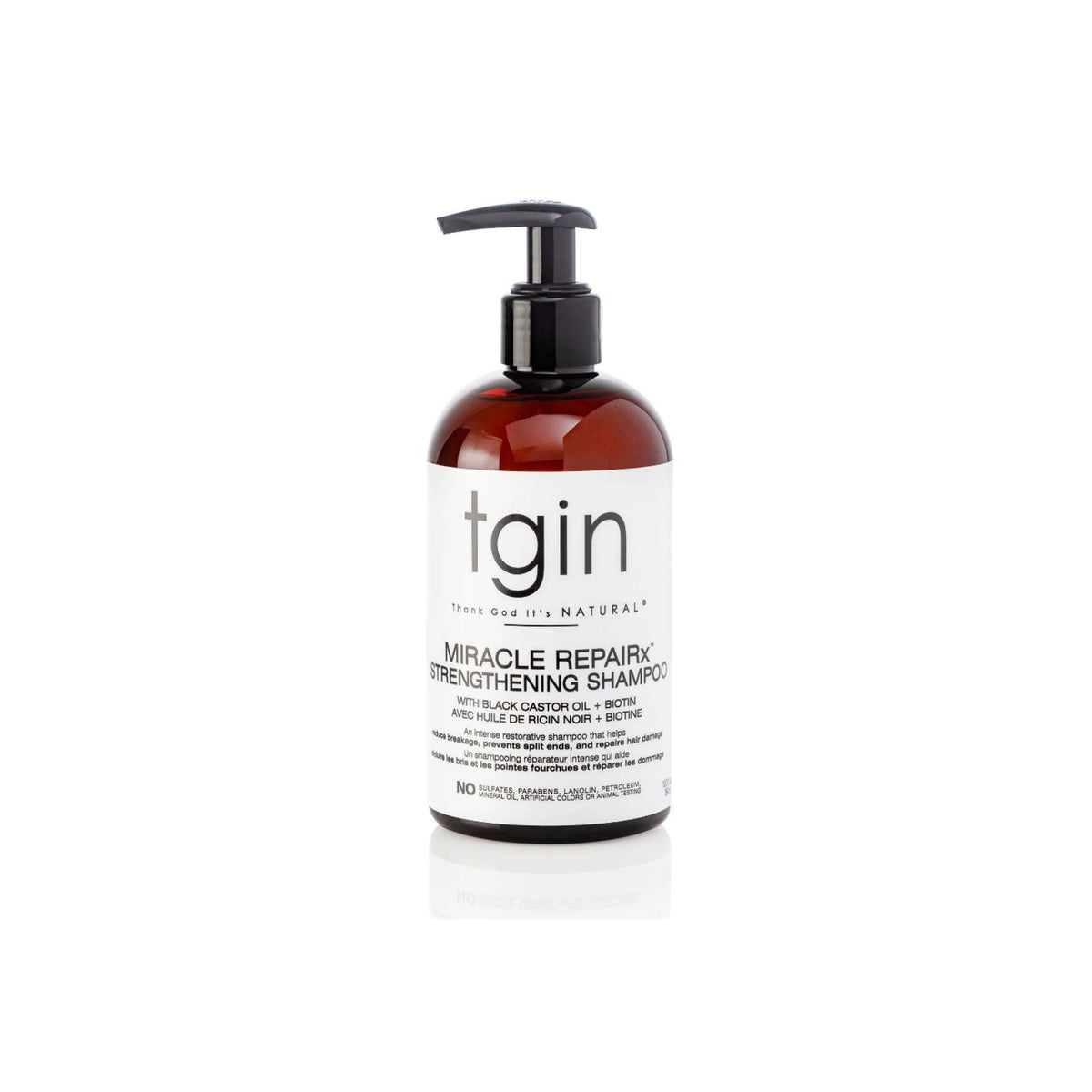 TGIN Miracle RepairX Strengthening Shampoo 384ml with pump in brown plastic bottle with white label on white background.