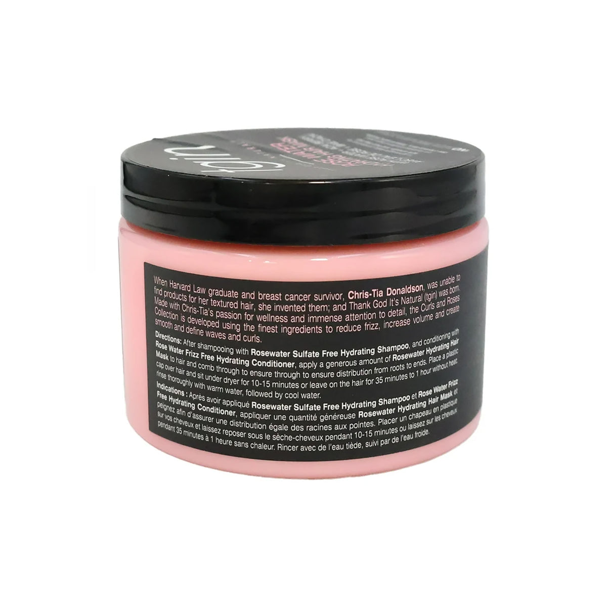TGIN Rose Water Hydrating Mask 340gr in pink container with black lid and description of the product's caring properties on the label.