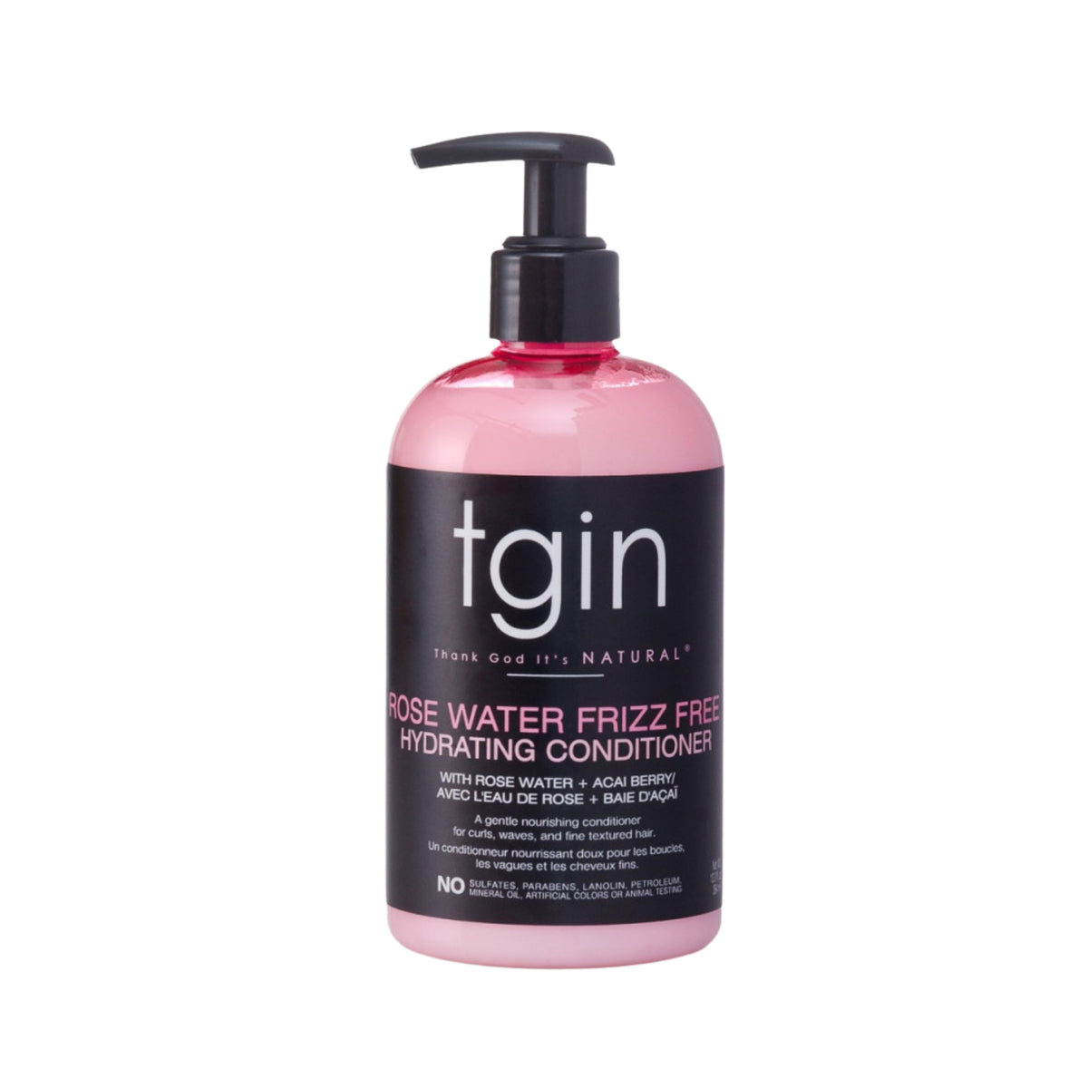 TGIN Rose Water Frizz Free Hydrating Conditioner 384ml – pink and black pump bottle with rose-scented conditioner for curly and textured hair.