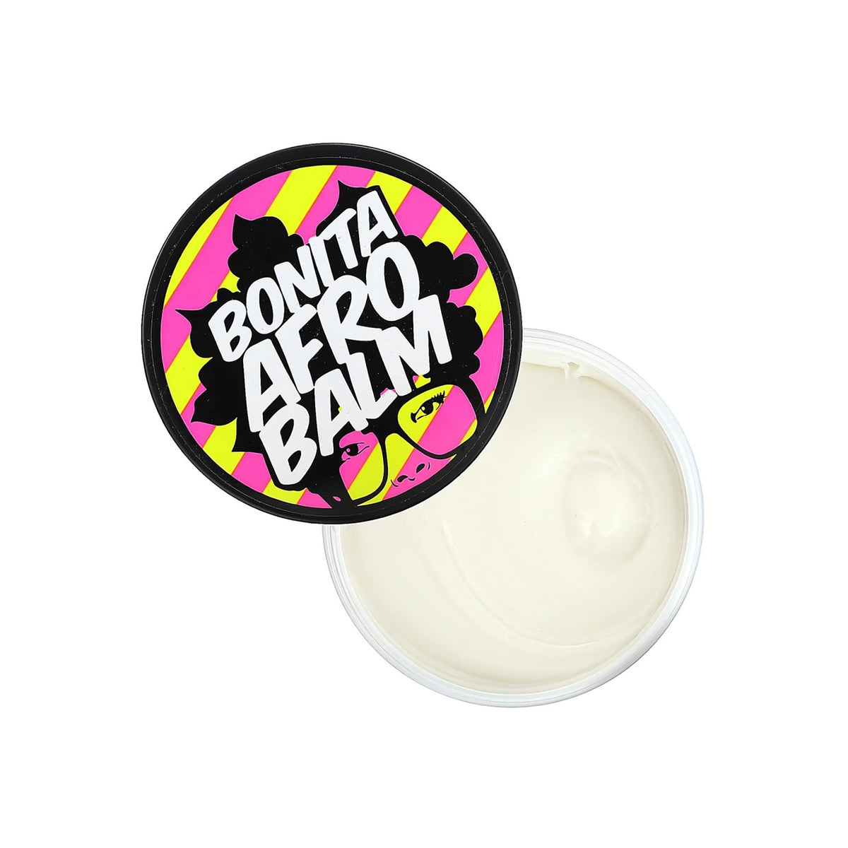 An open white plastic tin with a black lid on the side containing The Doux Bonita Afro Balm Texture Cream. The cream is white and has a soft, creamy consistency. The cap is black with a pink, black and yellow label with the text "BONITA AFRO BALM" and an illustration of glasses.