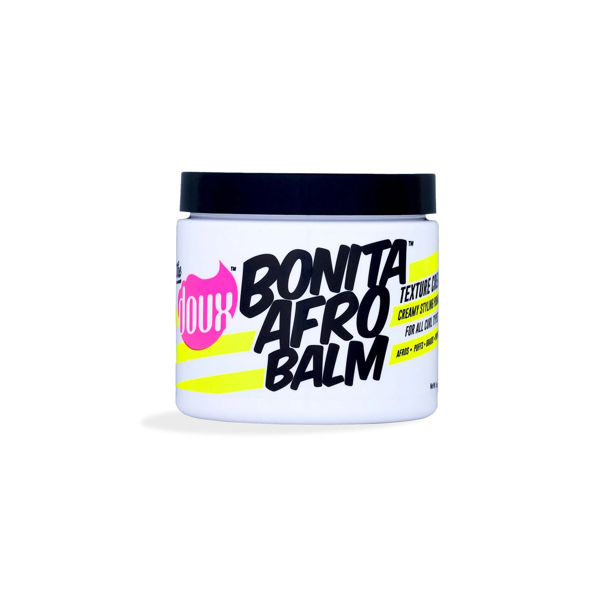 White plastic can with black lid containing The Doux Bonita Afro Balm Texture Cream. The label is pink, black and yellow.
