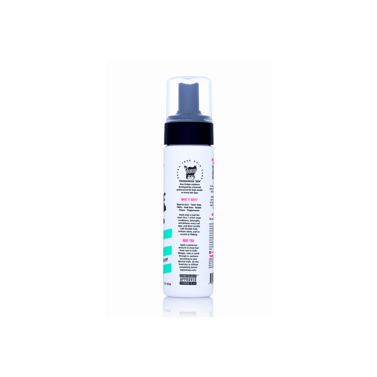 The back of a white bottle with a black pump and transparent cap containing The Doux Fresh Mousse Def Texture Foam. The label contains a list of ingredients, instructions for use and marketing text about the product's benefits.