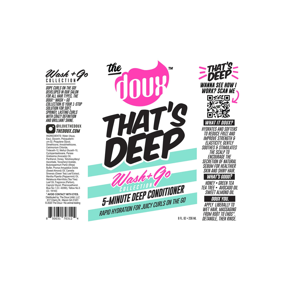The back of a pale green bottle with a black cap containing The Doux That's Deep 5-Minute Deep Conditioner. The label contains a QR code, list of ingredients (with Avocado Oil, Honey, Green Tea and Tea Tree Oil), instructions for use and marketing text about "Wash+Go COLLECTION".