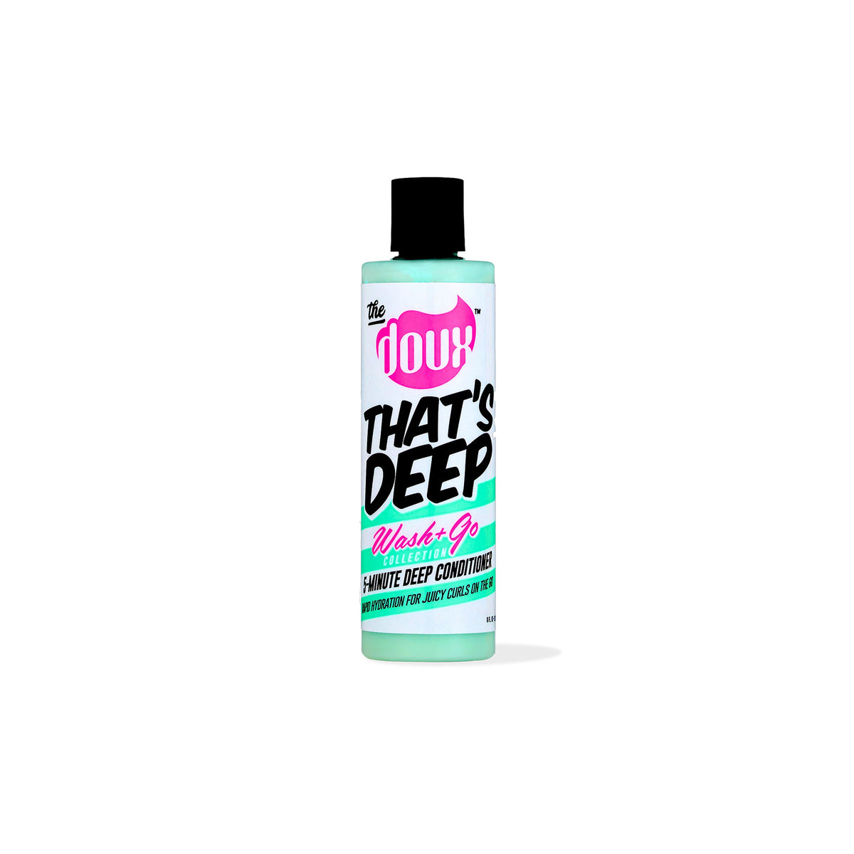 Light green bottle with black cap containing The Doux That's Deep 5-Minute Deep Conditioner. The label is pink and black with white text.
