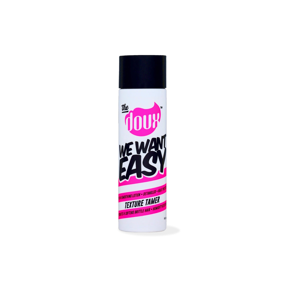 White bottle with black cap containing The Doux We Want Easy Texture Tamer. The label is pink and black with white text.