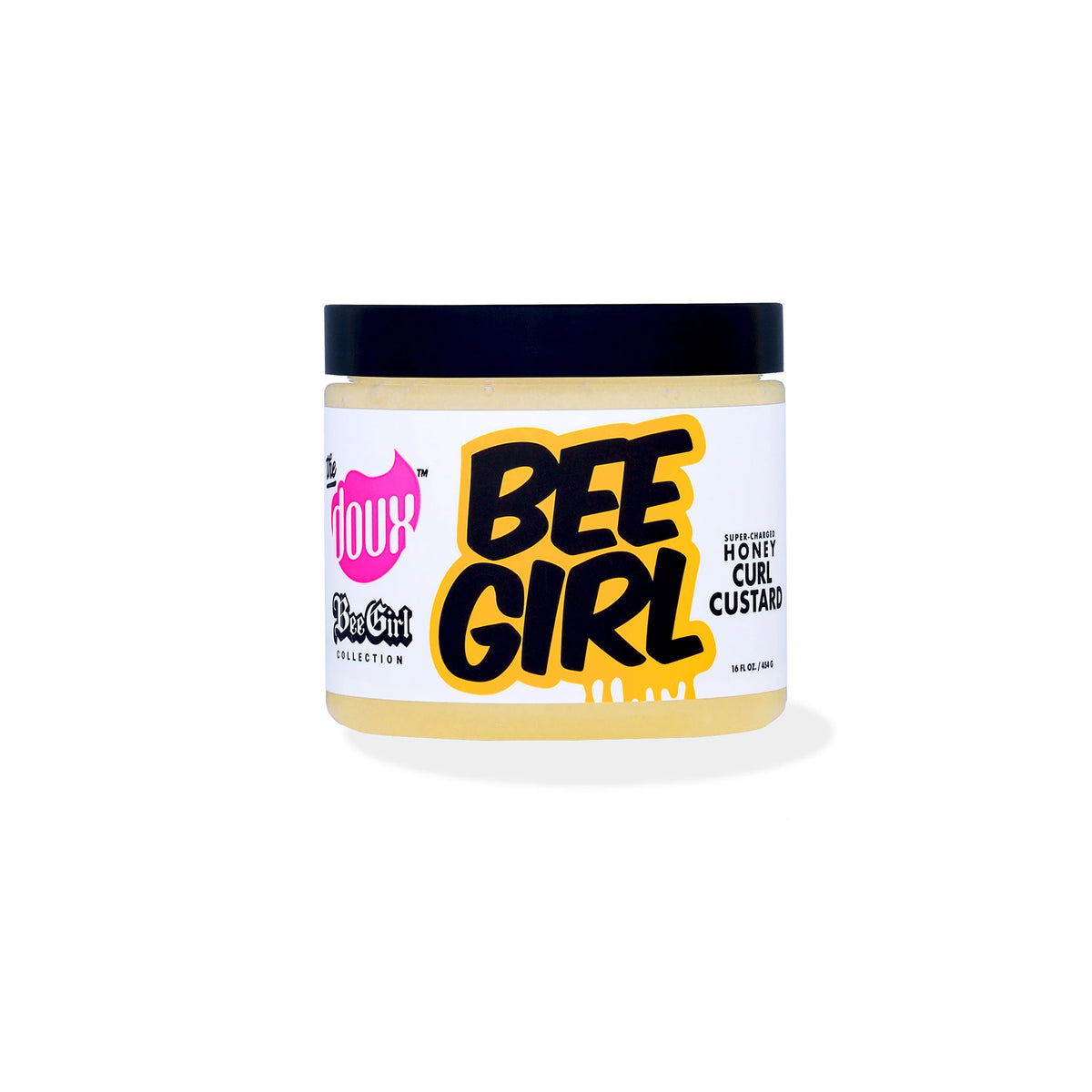 The Doux Bee-Girl Honey Curl Custard 454gr with black lid and white label with yellow and black text on a white background.