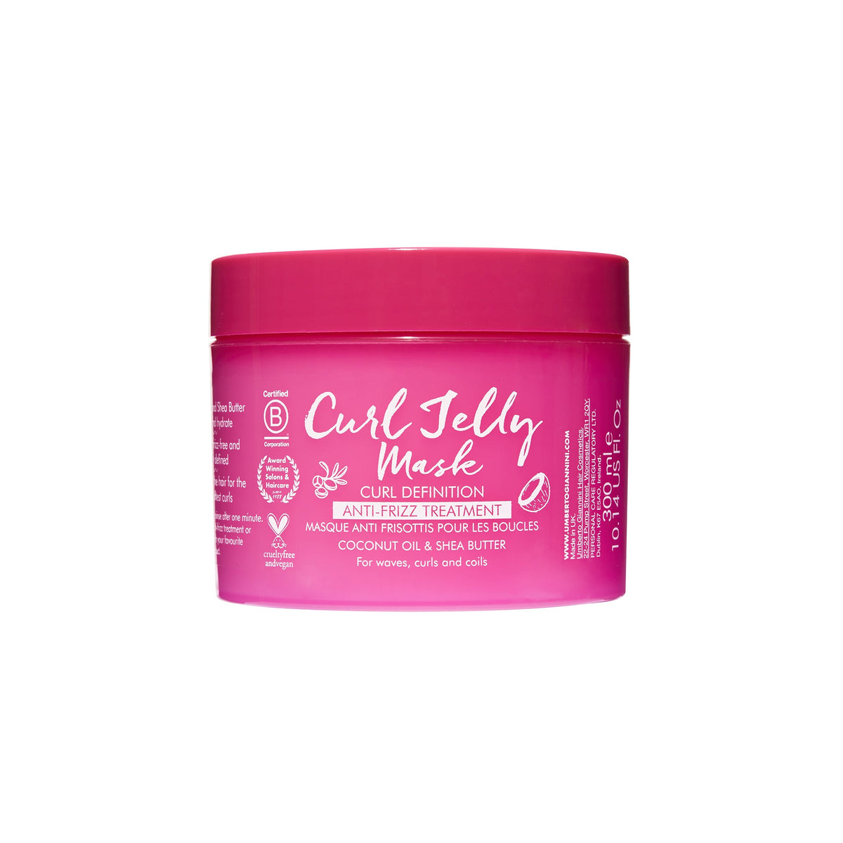 Curl Jelly Mask in pink with text, highlighting anti-frizz treatment with coconut oil and shea butter for curly hair.