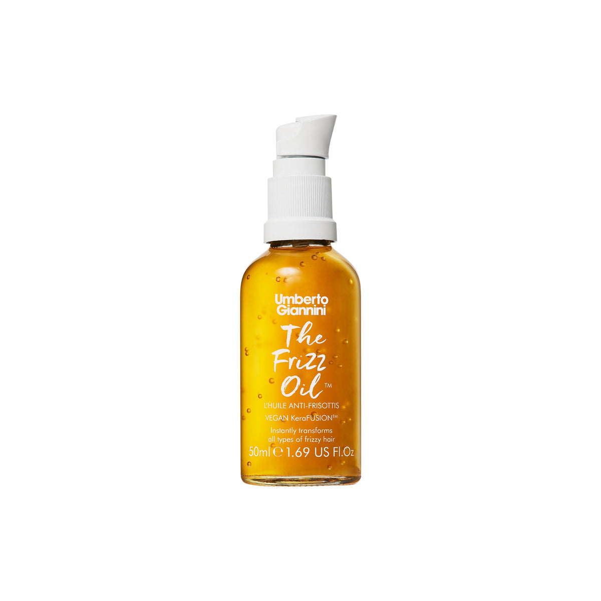 Golden bottle with Umberto Giannini The Frizz Oil against frizzy hair with pump and small air bubbles in the oil.