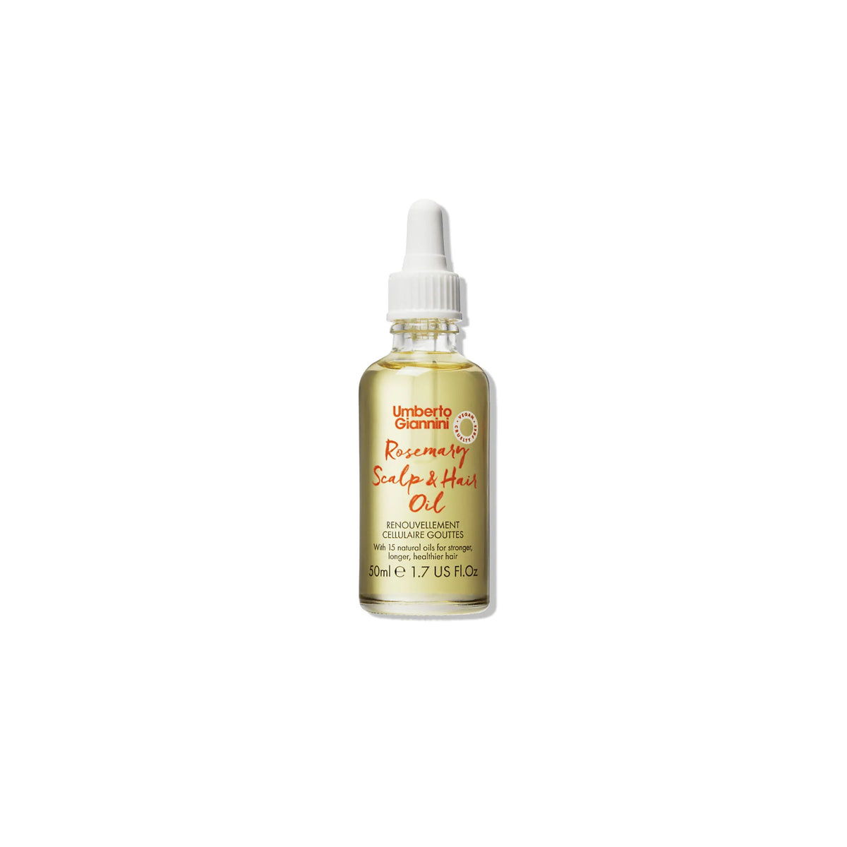 Glass bottle of Umberto Giannini Rosemary Scalp & Hair Oil with dropper and golden oil for healthy hair and scalp.