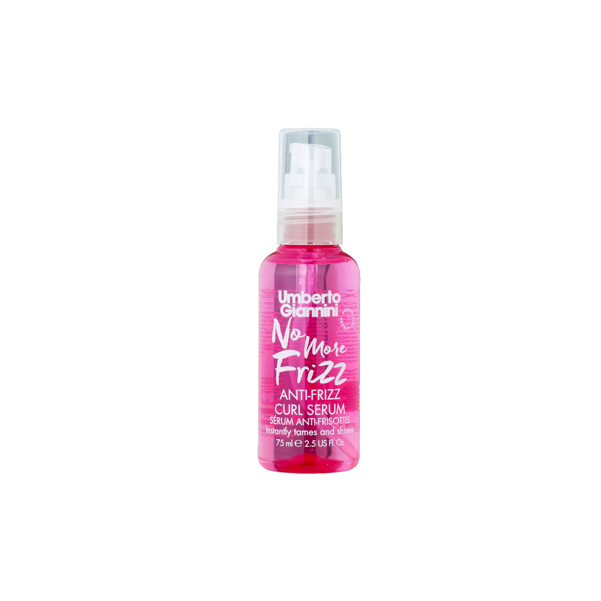 Pink bottle of Umberto Giannini No More Frizz Anti-Frizz Curl Serum for curly hair, 75 ml with pump.