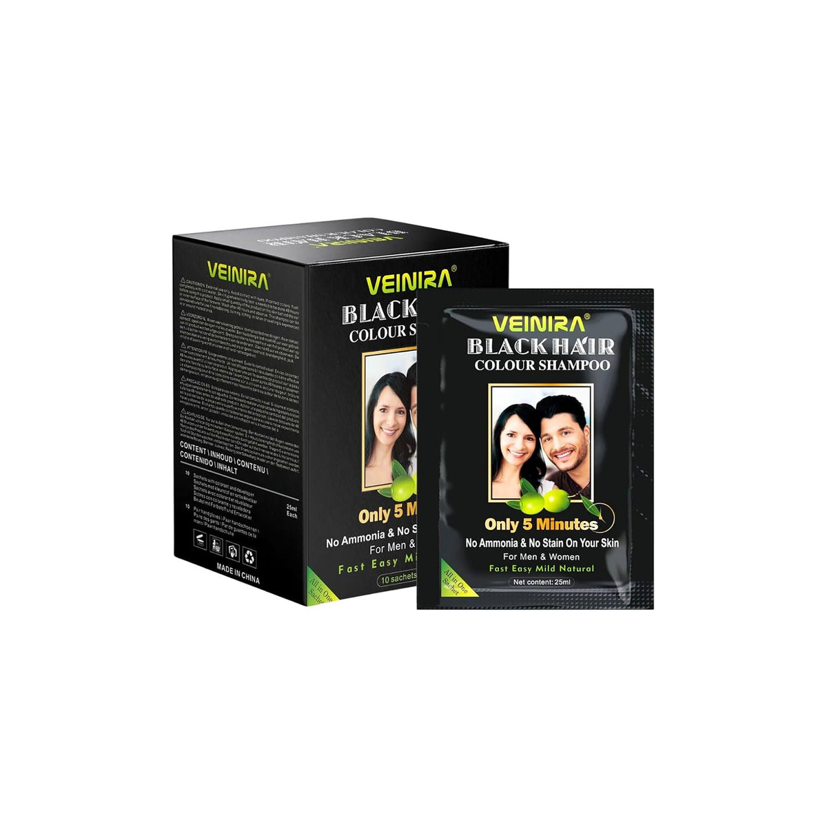 VEINIRA Black Color Shampoo, a pack of 10 bags of 25 ml. A fast-acting hair color that colors the hair in just 5 minutes. 