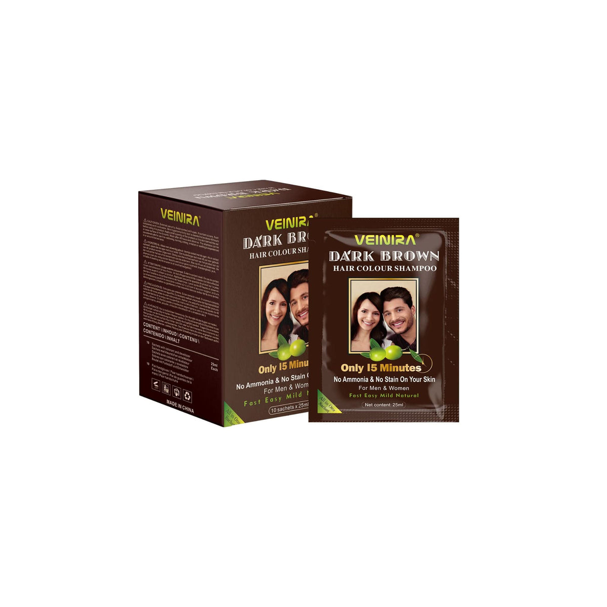 VEINIRA Dark Brown Hair Color Shampoo, 10 sachets of 25 ml. Quick and mild hair color without ammonia that works in 15 minutes.