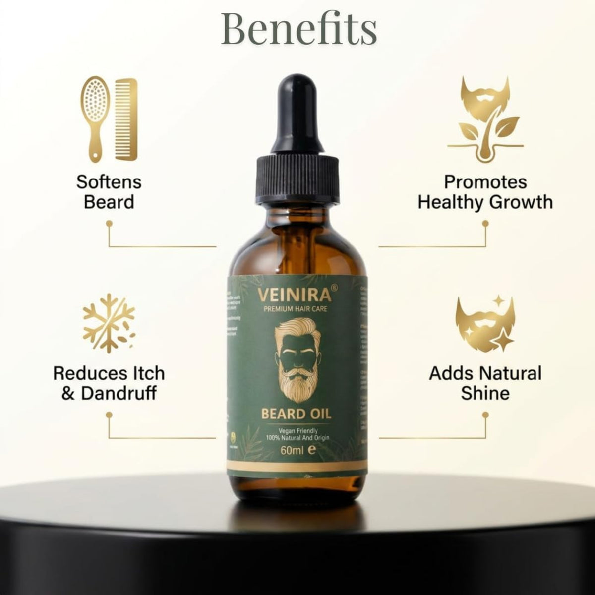 Veinira beard oil 60 ml in brown bottle with dropper, surrounded by icons showing benefits: softens beard, reduces itching and dandruff, promotes healthy growth and gives natural shine.