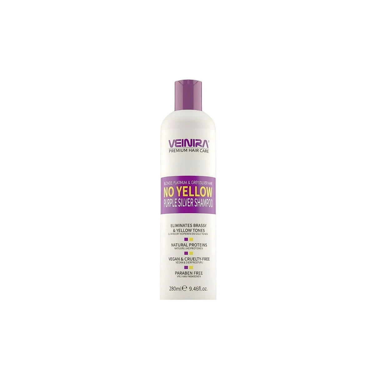 White bottle of Veinira Purple Silver Shampoo 280ml, purple cap and text, designed to neutralize yellow tones, standing on a white background.