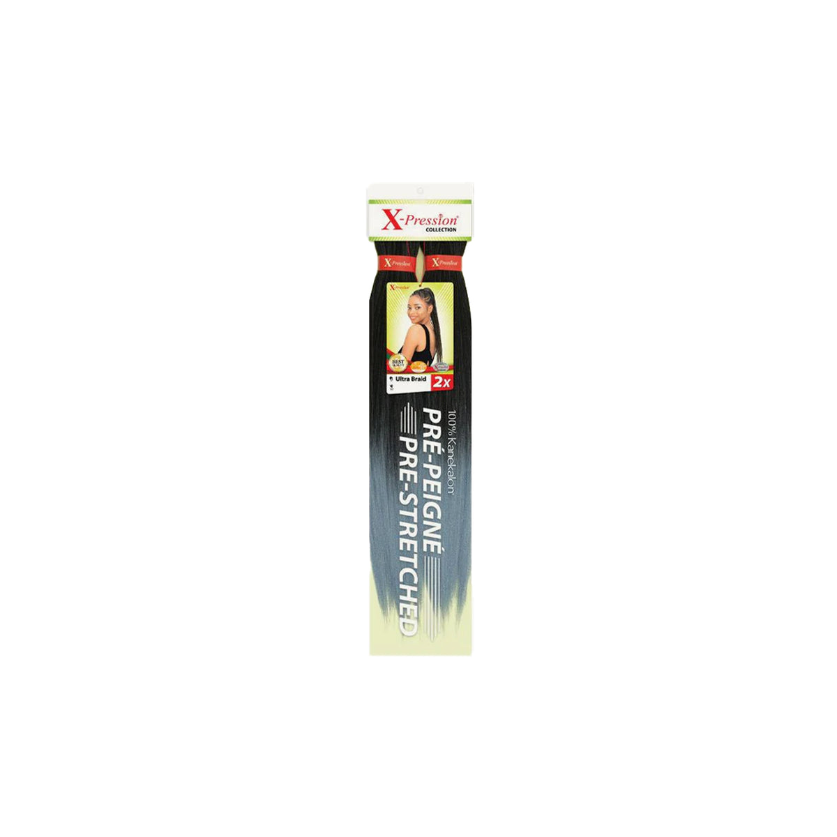 X-Pression Ultra Braid Pre-Stretched 1B: Synthetic braid material in off-black (color 1B), pre-stretched and ready to use.
