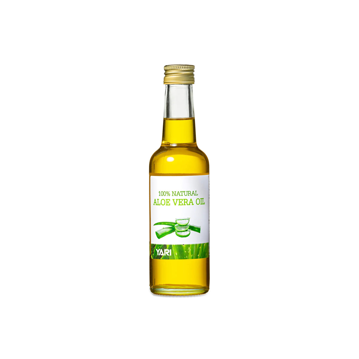 YARI 100% Natural Aloe Vera Oil (250 ml). Clear glass bottle with golden lid, containing aloe vera oil.