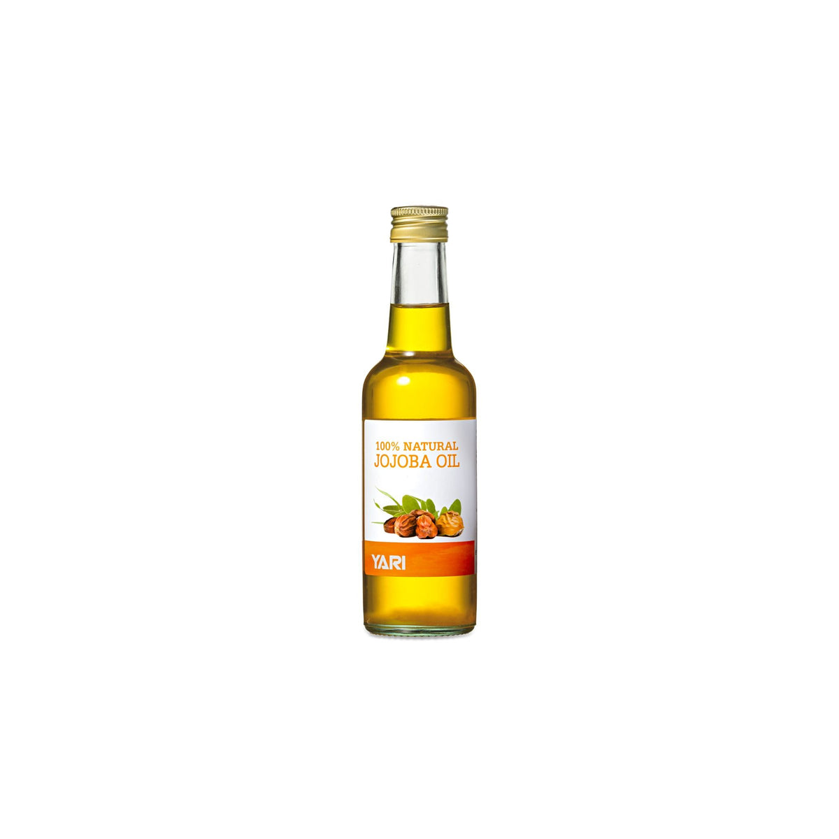YARI 100% Natural Jojoba Oil (250 ml). Clear glass bottle with golden lid, containing jojoba oil.