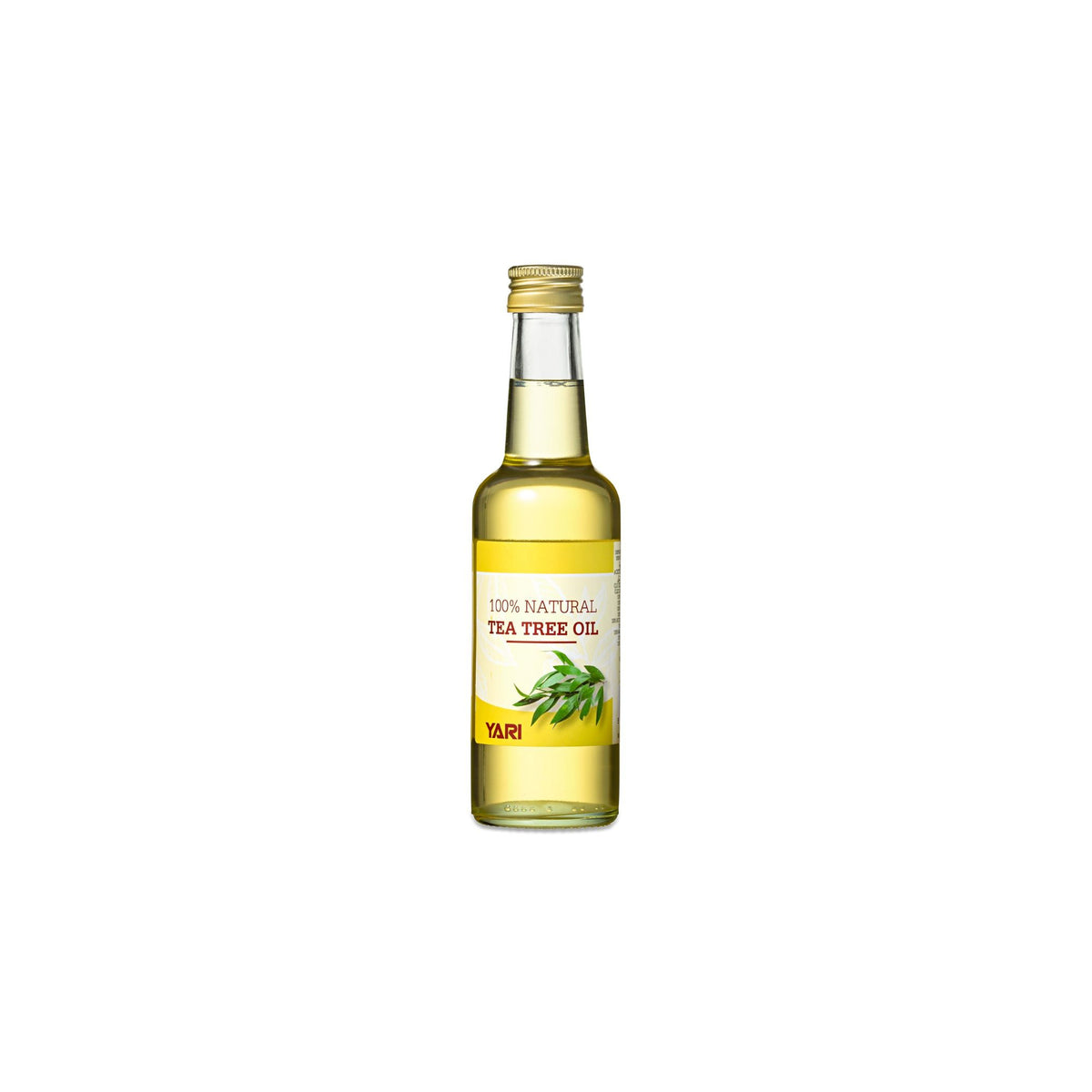 YARI 100% Natural Tea Tree Oil (250 ml). Clear glass bottle with golden lid, containing tea tree oil.