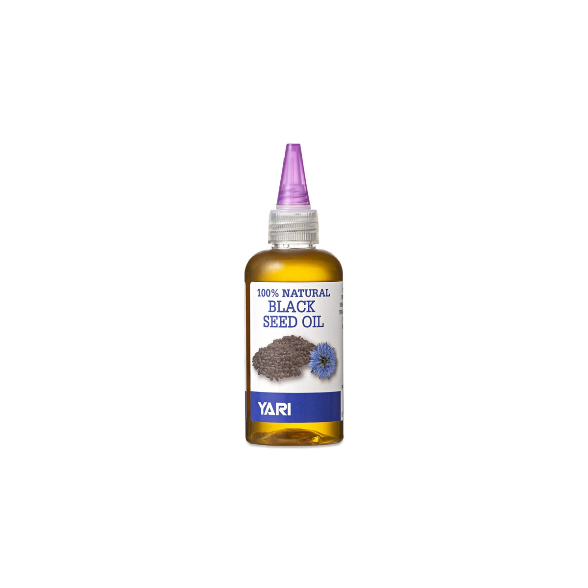 YARI 100% Natural Black Cumin Oil (105 ml). Clear plastic bottle with silver cap and purple tip/applicator, containing black cumin oil.