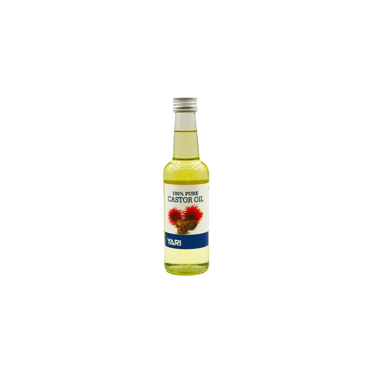 YARI 100% Pure Castor Oil (250 ml). Clear glass bottle with silver colored lid, containing castor oil. Used for skin care and hair care.