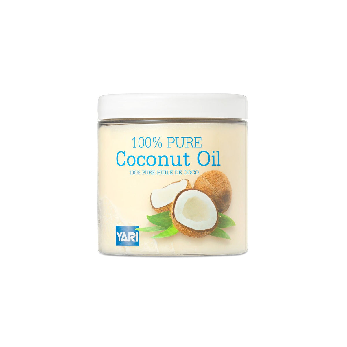 YARI 100% Pure Coconut Oil (500 ml). Clear plastic jar with white lid, containing coconut oil. Can be used for cooking, skin care and hair care.