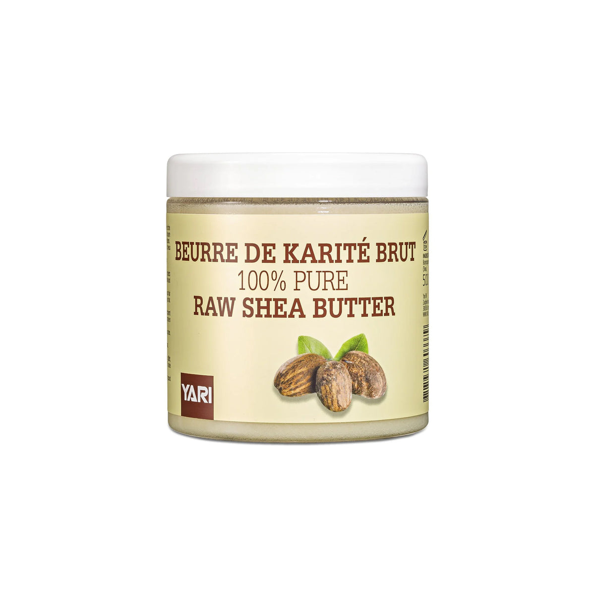 YARI 100% Pure Raw Shea Butter (500 ml). Clear plastic can with white lid, containing raw shea butter. Natural shea butter for skin and hair care.