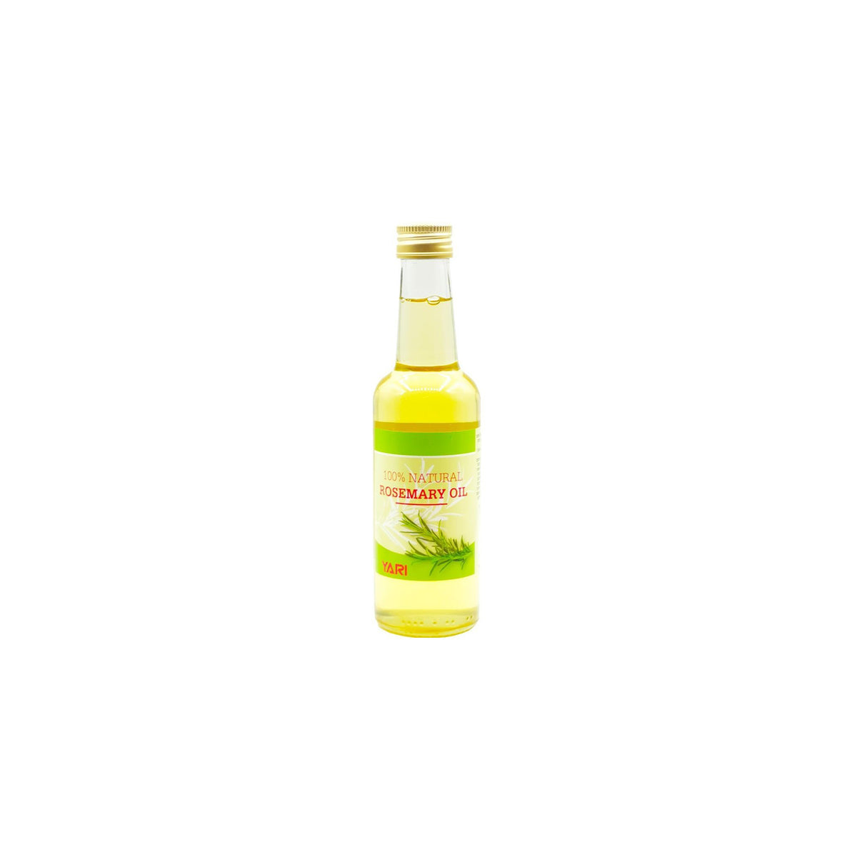 YARI 100% Natural Rosemary Oil (250 ml). Clear glass bottle with golden oil and silver lid. Natural rosemary oil for skin and hair care.