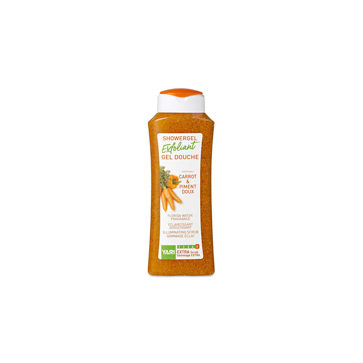 YARI Exfoliant Showergel Carrot & Sweet Chili with extra scrub (500 ml). Clear bottle with orange contents and white cap with orange detail. Exfoliating shower gel with carrot and sweet chili, with Florida Water scent and extra scrub effect, which has a clarifying and softening effect.