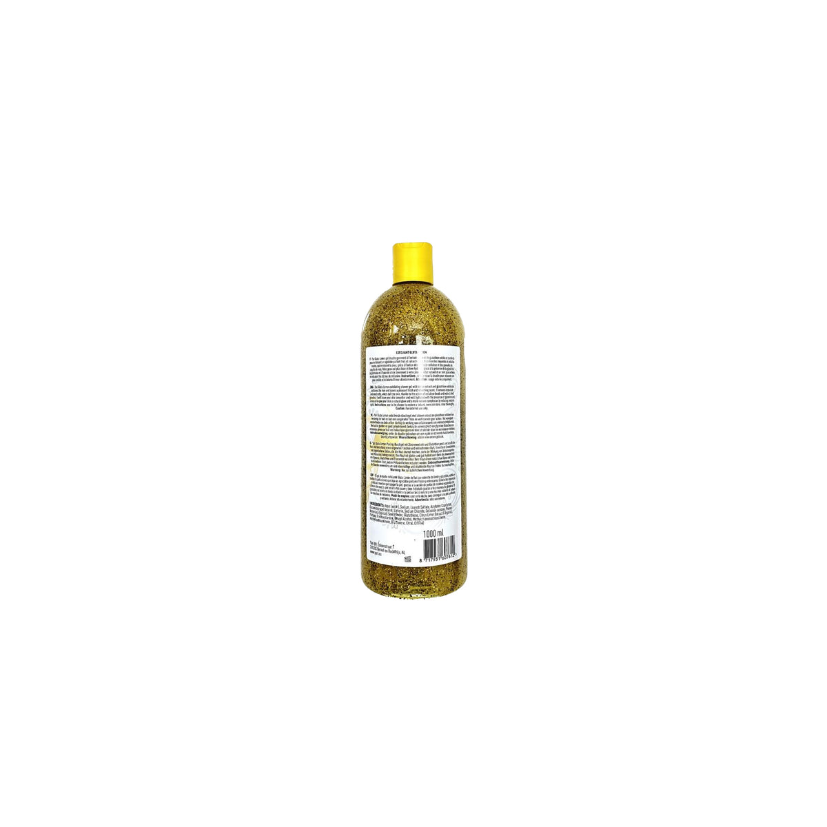 The back of YARI Exfoliant Shower Gel Gluta-Lemon (1000 ml). Large, clear bottle with yellowish contents and a yellow lid showing the list of ingredients and instructions for use. Exfoliating shower gel with gluta and lemon that has a clarifying and softening effect.