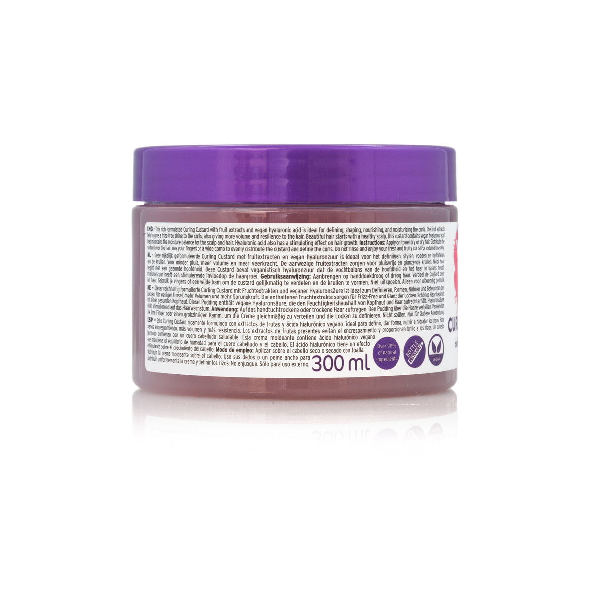 Back of YARI Fruity Curls Curling Custard (300ml). Purple bucket with silver colored lid showing product description in several languages. Curl cream that defines, gives shine and styles curls, contains hyaluronic acid.