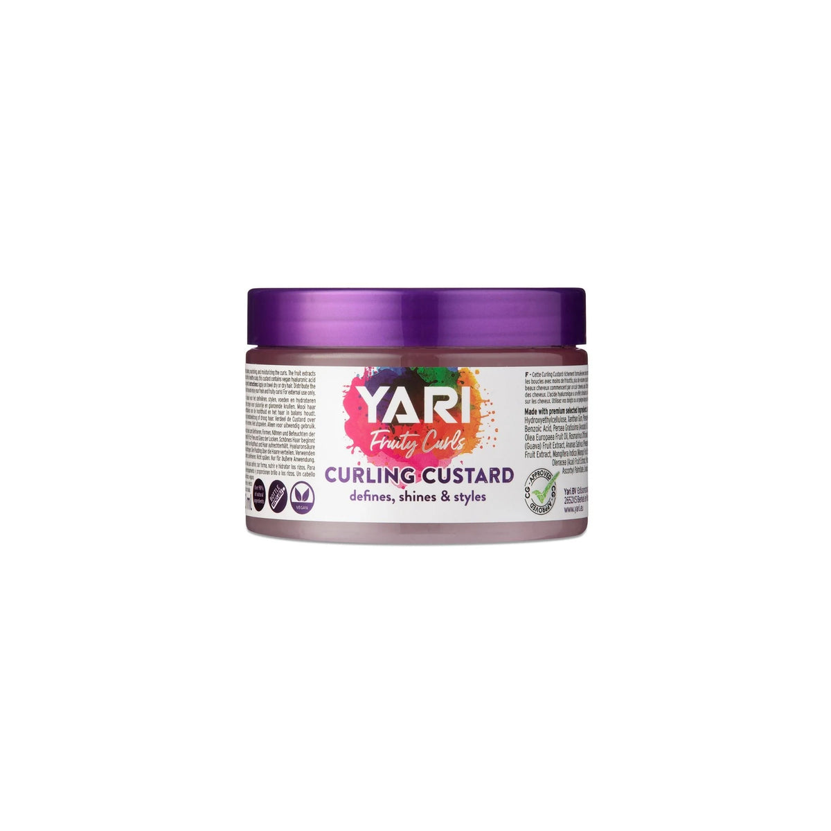 YARI Fruity Curls Curling Custard (300 ml). Purple bucket with silver lid. Curl cream that defines, gives shine and styles curls, contains hyaluronic acid.