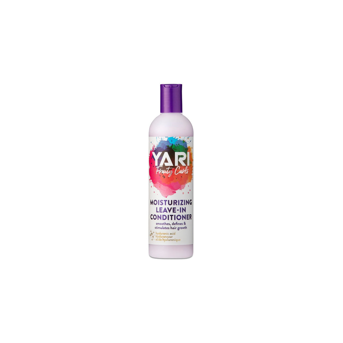 YARI Fruity Curls Moisturizing Leave-In Conditioner (355 ml). White bottle with purple cap. Leave-in conditioner that softens, defines and stimulates hair growth, contains hyaluronic acid.