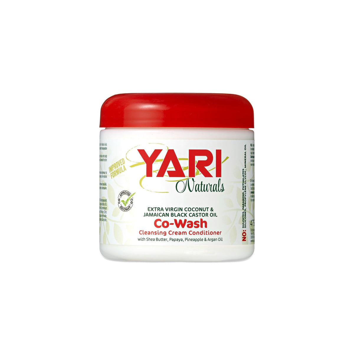 YARI Naturals Co-Wash (475 ml). White plastic can with red lid. Cleansing Cream Conditioner with coconut oil, Jamaican black castor oil, shea butter, papaya, pineapple and argan oil.