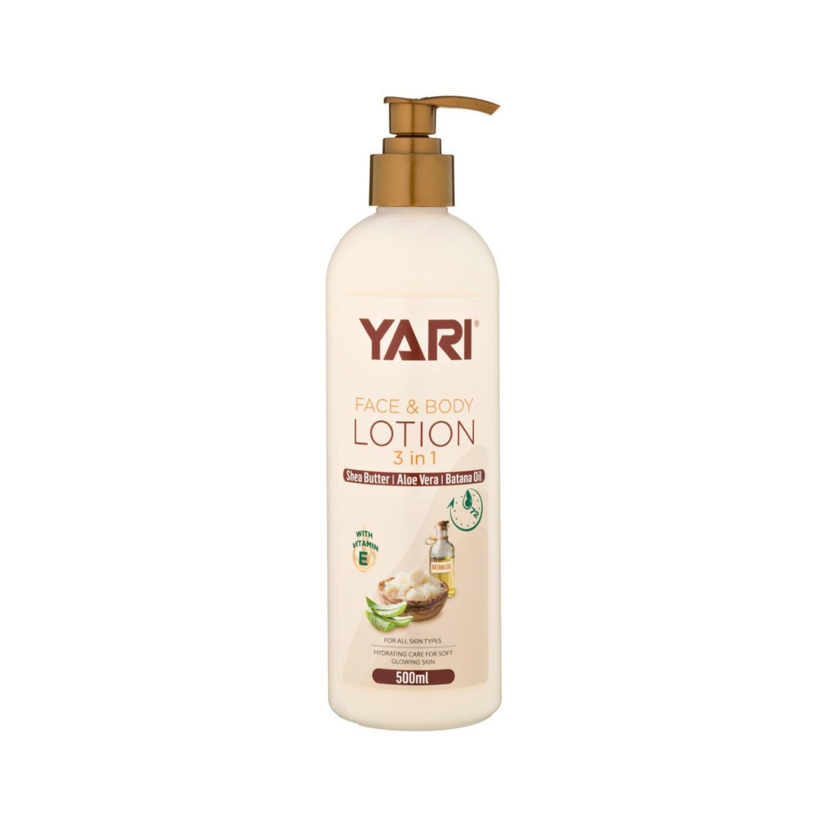 Yari Face & Body Lotion 3 in 1 with shea butter, aloe vera and batana oil in a 500ml pump bottle.