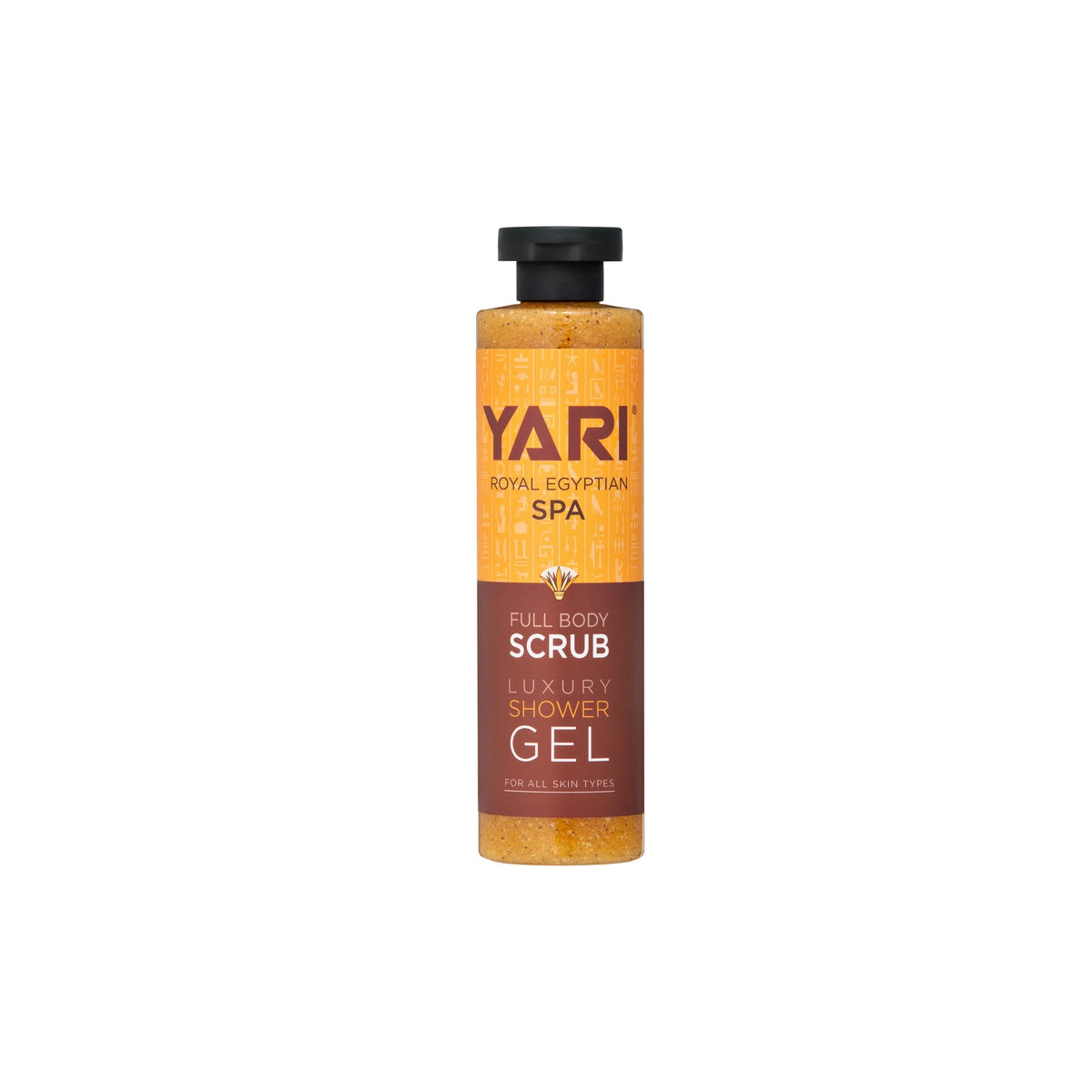 Yari Exfoliant Shower Gel Royal Egyptian (Special Edition) 300ml with golden brown gel in transparent bottle with black lid.